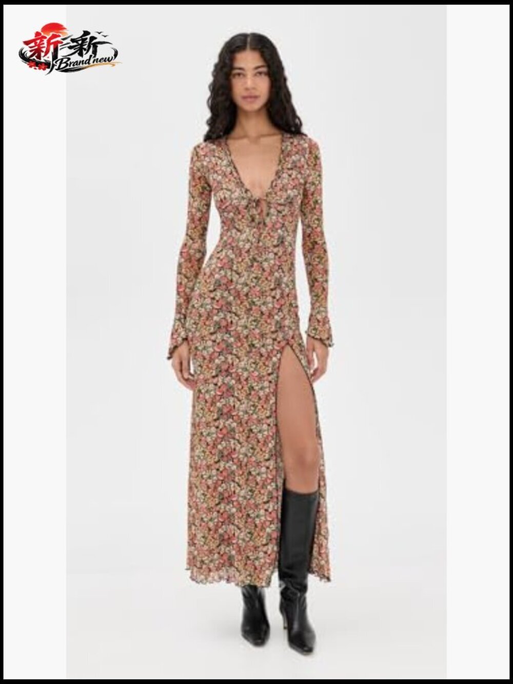 Flowing Maxi Dress with Thigh-High Slit and Plunging Neckline - Picture 2 of 6